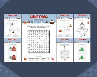 May include: A collection of Christmas-themed activity sheets, including word searches, crosswords, and coloring pages. The sheets feature festive illustrations and the word "CHRISTMAS" at the top. Perfect for holiday fun.