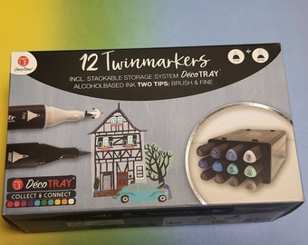 12 alcohol-based twin markers with box brush and fine tip New colors New triangle shape DécoTime Fast shipping #Fachwerk