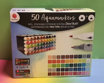 50 aqua markers in a stackable box Water-based mixable New colors New triangle shape 2 tips Fine & Brush DécoTime Fast shipping