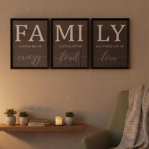 3er Poster Bilder Set FAMILY | Schwarz Weiß Wanddeko mit Statement | 30x40 cm gerahmt | Hochglanz Acrylglas | Modern & ausdrucksstark