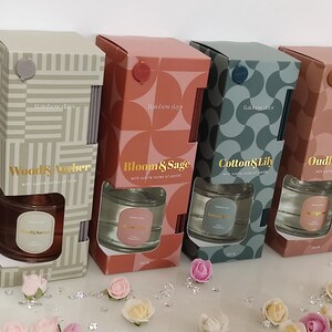 Könnte beinhalten: Vier dekorative Boxen mit Schilfrohr-Diffusoren und passenden Gläsern. Die Boxen sind in verschiedenen Farben gehalten: Beige, Koralle, Türkis und Rosa. Jede Box hat ein anderes Design und einen Duftnamen in goldener Schrift: Wood & Amber, Bloom & Sage, Cotton & Lily und Oud & Rose.