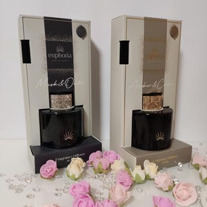 Luxus Raumduft 80 ml – schwarzer Design Diffuser mit Kristall-Deckel in Gold oder Silber – edle Duftstäbchen