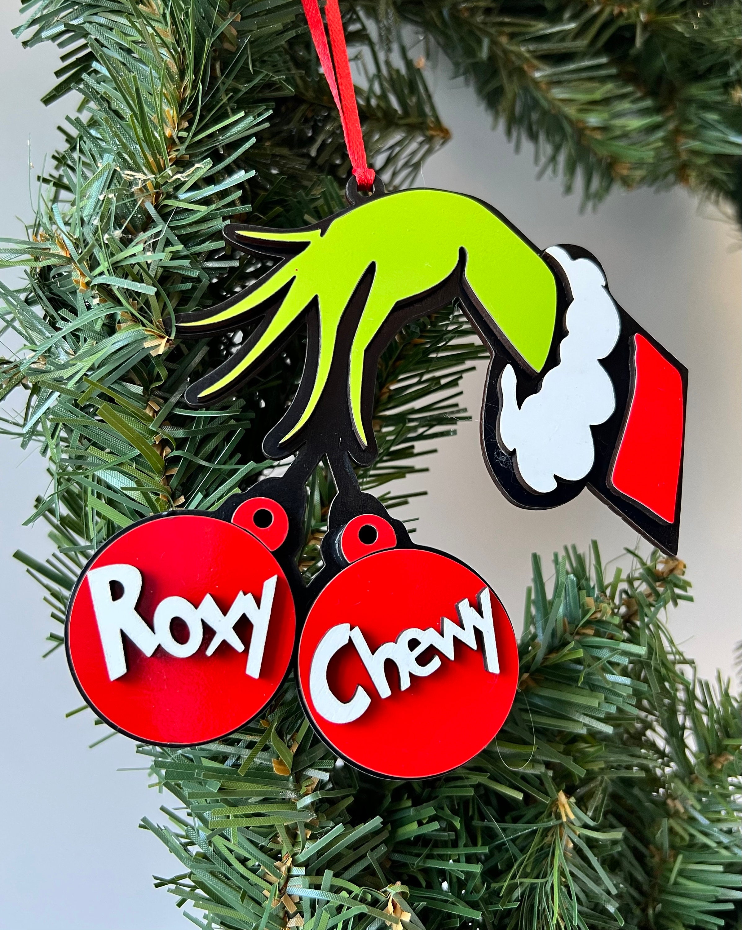 Grinch Hands Holding Ornaments, Stocking Tag Hand Painted, Cut and ...