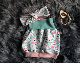 Balloon skirt girl with headband for baby, white/pink eucalyptus and roses mint jersey, size 50/56, 62/68, 74/80