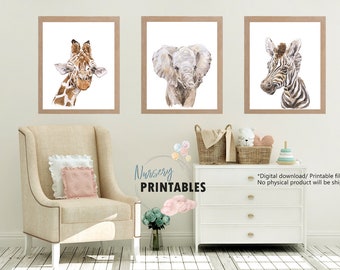 Nursery Watercolor Safari Printables Set of 3 Baby Nursery Wall Art Decor Woodland Animal Print Giraffe Elephant Zebra