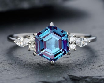 Platinum Hexagon Alexandrite Engagement Ring, Unique 14K White Gold Wedding Ring, Silver June Birthstone Anniversary Promise Ring For Women
