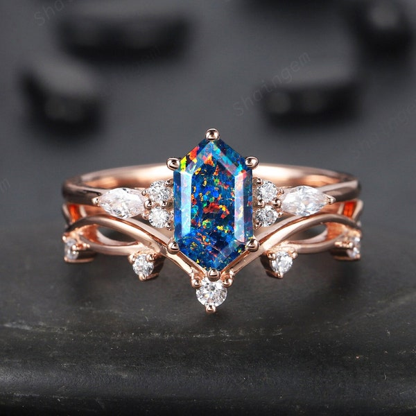 Long Hexagon Black Fire Opal Engagement Ring Set, Rose Gold Multi Fire Opal Promise Ring, Black Opal Wedding Bridal Ring Set for Women