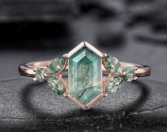 Vintage Hexagon Cut Cluster Moss Agate Engagement Ring, Silver Moss Agate Promise Ring, 14K Rose Gold Wedding Ring Anniversary Gift for her