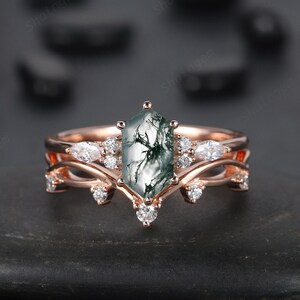 Long Hexagon Moss Agate Engagement Ring, Vintage Rose Gold Sterling Silver Moss Agate Promise Ring Wedding Ring Bridal Set Gift for her