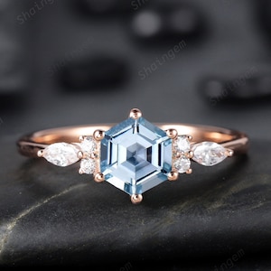 Unique Hexagon Cut Natural Aquamarine Diamond Engagement Ring, Vintage Wedding Ring, Dainty 14K Rose Gold March Birthstone Promise Ring