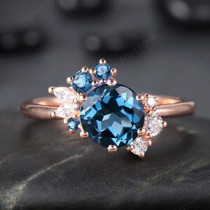 Vintage Round London Blue Topaz Cluster Engagement Ring, 14K Rose Gold Topaz Wedding Ring, Silver 925 Blue Topaz Promise Ring Gift for women