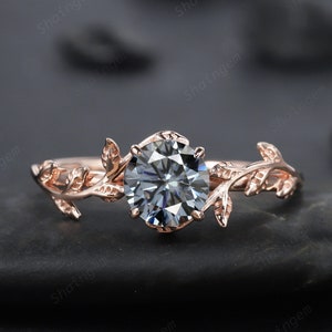 Vintage Round Cut Gray Moissanite Engagement Ring, Unique Leaf Grey Moissanite Promise Ring, Art Deco Solitaire Stone Wedding Ring Gift