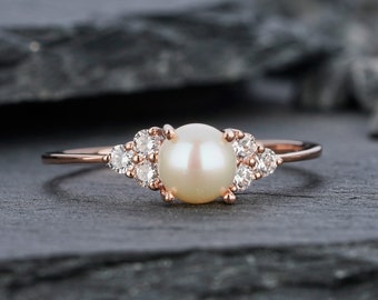 Vintage Seawater Pearl Engagement Ring, 14K Rose Gold June Birthstone Promise Wedding Anniversary Ring, Mother of Pearl Ring Women Gift