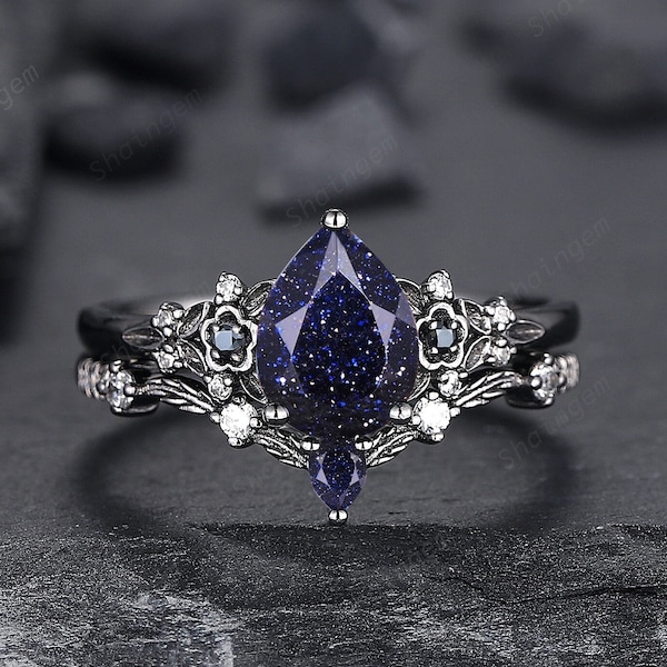 Pear Shape Blue Sandstone Floral Engagement Ring Set, Unique Black Gold Starry Galaxy Blue Sandstone Promise Ring,  Gothic Flower Ring Gift