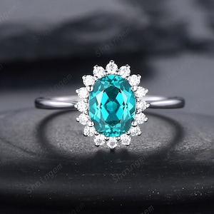 Platinum Oval Shape Neon Blue Paraiba Tourmaline Flower Engagement Ring, White Gold Cluster Promise Ring Blueish Green Floral Wedding Ring