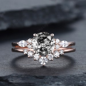 Vintage Round Cut Black Rutilated Moissanite Engagement Ring Set, Unique 14K Rose Gold Black Needle Quartz Promise Wedding Ring Bridal Set