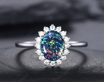 Platinum Sunflower Black Fire Opal Engagement Ring, White Gold Moissanite Halo Wedding Ring, Oval Shape Opal Floral Promise Ring for Woman