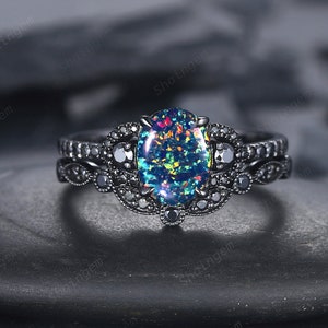 Oval Shape Black Fire Opal Engagement Ring Set, Black Gold Multi Fire Opal Promise Ring, Unique Rhodium Black Witchy Bridal Ring for Women