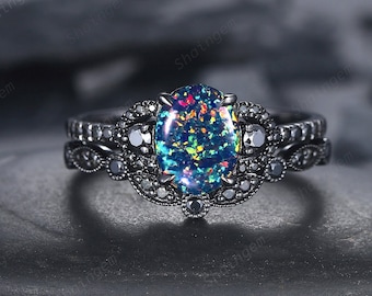 Oval Shape Black Fire Opal Engagement Ring Set, Black Gold Multi Fire Opal Promise Ring, Unique Rhodium Black Witchy Bridal Ring for Women