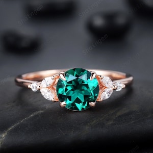 Unique Round Cut Emerald Engagement Ring, Vintage 14K Rose Gold or Silver Promise Ring, May Birthstone Wedding Anniversary Ring Gift for her