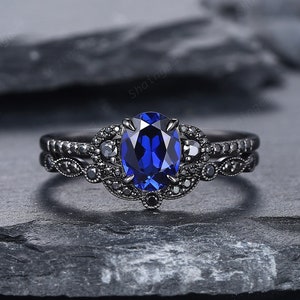 Black Gold Plated Oval Blue Sapphire Engagement Ring Set, Blue Sapphire Black Promise Ring Set, Goth Rhodium Black Moissanite Bridal Set