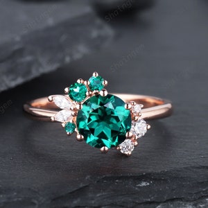 Vintage Round Cluster Emerald Engagement Ring, Rose Gold Emerald Wedding Ring, Silver 925 May Birthstone Emerald Stone Ring Gift for women