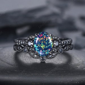 Oval Shape Black Fire Opal Engagement Ring Set, Black Gold Multi Fire Opal Promise Ring Set Unique Rhodium Black Witchy Ring Bridal Set Gift