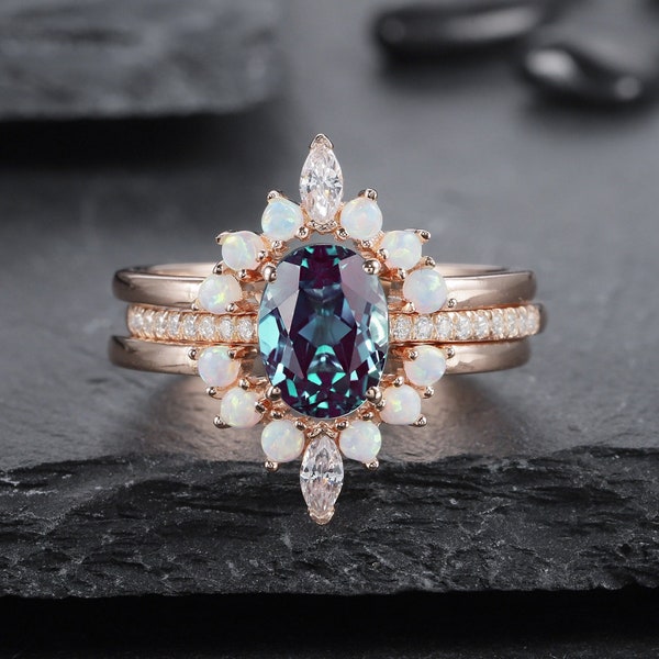 3PCS Oval Alexandrite and White Opal Ring Set, Vintage Rose Gold Alexandrite Engagement Ring Set, Unique Halo Marquise Moissanite Bridal Set