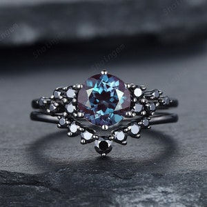 Vintage Black Gold Round Cut Alexandrite Engagement Ring, Rhodium Black Alexandrite Wedding Ring Set, Gothic Bridal Set, Black Promise Ring