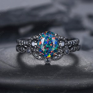 Oval Shape Facet Black Fire Opal Engagement Ring Set, Black Gold Multi Fire Opal Promise Ring, Unique Rhodium Black Witchy Ring Bridal Set