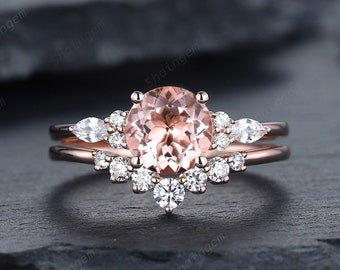 Unique Round Pink Morganite Engagement Ring Set, Vintage Morganite and Diamond Wedding Ring, 14K Rose Gold Morganite Promise Ring Gift