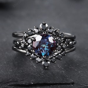 3PCS Round Cut Alexandrite Black Engagement Ring Set Vintage Black Moissanite Wedding Set Bridal Set Promise Ring Rhodium Black Wedding Ring