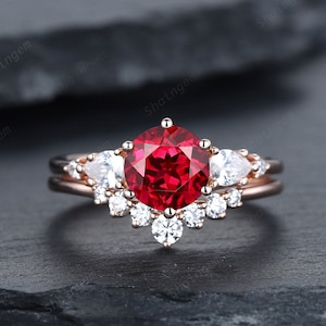 Vintage Round Shape Ruby Engagement Ring Set, Rose Gold Ruby and Pear Moissanite Wedding Promise Ring, Silver Bridal Set Anniversary Gift