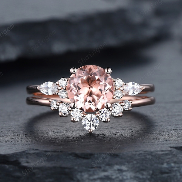 Unique Round Pink Morganite Engagement Ring Set, Vintage Morganite and Diamond Wedding Ring, 14K Rose Gold Morganite Promise Ring Gift