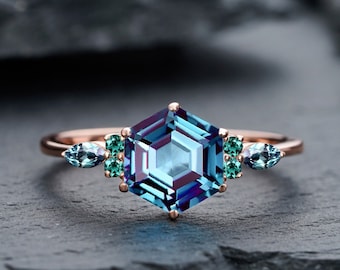 Vintage Hexagon Alexandrite and Emerald Engagement Ring Unique Rose Gold Wedding Ring June Birthstone Anniversary Promise Ring Gift for her