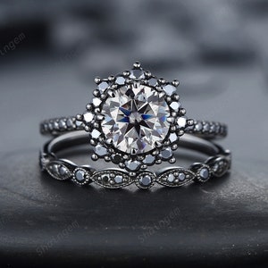 Vintage Round Gray Moissanite Halo Engagement Ring Set, Black Gold Grey Moissaite Promise Ring, Rhodium Black Bridal Set, Black Wedding Ring