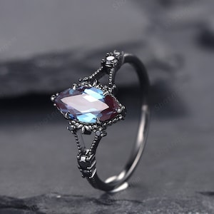 Gothic Black Gold Marquise Alexandrite Engagement Ring, Rhodium Black Alexandrite Promise Ring, Witchy Black Promise Anniversary Ring Gift