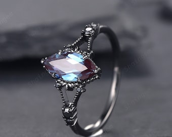 Gothic Black Gold Marquise Alexandrite Engagement Ring, Rhodium Black Alexandrite Promise Ring, Witchy Black Promise Anniversary Ring Gift