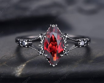 Unique Black Gold Marquise Cut Garnet Engagement Ring, Rhodium Black Garnet Promise Ring, Black Wedding Ring, Gothic Anniversary Ring Gift