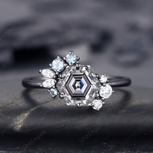 Hexagon Cut Gray Moissanite Black Engagement Ring, Rhodium Black Grey Moissanite Promise Ring, Black Wedding Promise Anniversary Ring Gift