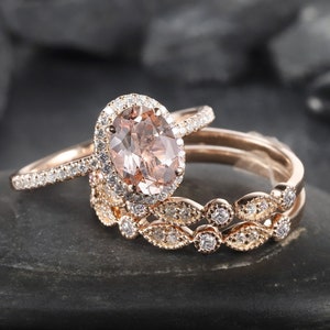 3PCS Oval Pink Morganite Engagement Halo Ring Set, Vintage 14K Rose Gold Morganite Bridal Set, Unique Alternative Wedding Set Promise Ring