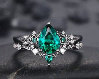 Vintage Black Gold Pear Shape Emerald Engagement Ring, Rhodium Black Emerald Wedding Set, Witchy Bridal Set Promise Ring Black Floral Ring