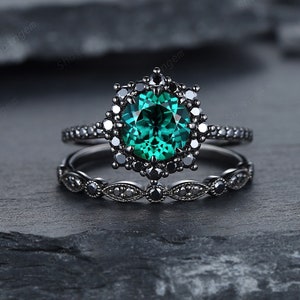 Vintage Round Emerald Halo Engagement Ring Set, Black Gold Emerald Promise Ring Set, Rhodium Black Moissanite Bridal Set, Black Wedding Ring