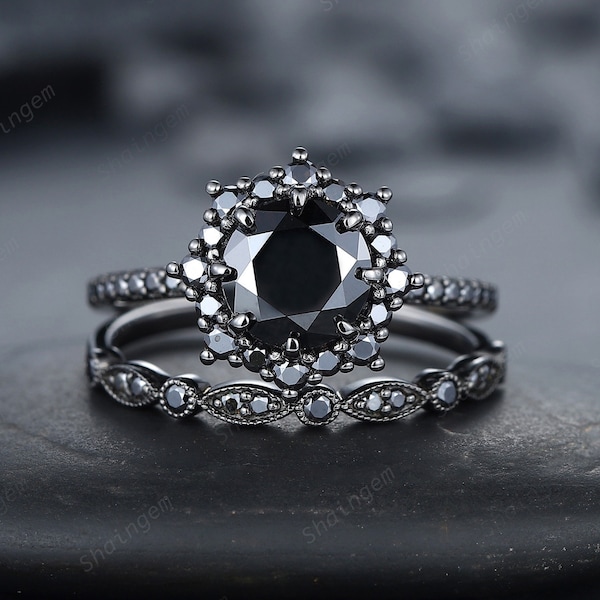 Vintage Round Black Moissanite Halo Engagement Ring Set, Black Gold Moissanite Promise Ring, Rhodium Black Bridal Set, Black Wedding Ring