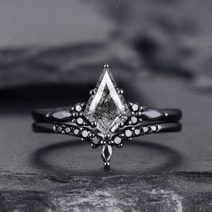 Black Gold Kite Cut Black Rutilated Quartz Engagement Ring Set, Witchy Black Promise Ring, Black Wedding Ring Set, Goth Black Bridal Set