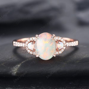 Vintage Natural Australia White Fire Opal and Diamond Engagement Ring, 14K Rose Gold Oval Opal Promise Ring, Opal Wedding Ring Gift for her