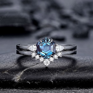 Black Gold Hexagon Alexandrite Engagement Ring Set, Gothic Black Rhodium Alexandrite Promise Ring, Witchy Black Promise Ring Gift for Women