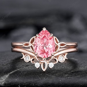 Celtic Knot Pear Shape Padparadscha Pink Sapphire Engagement Ring Set, Vintage Rose Gold Wedding Ring, Promise Ring Anniversary Gift for her
