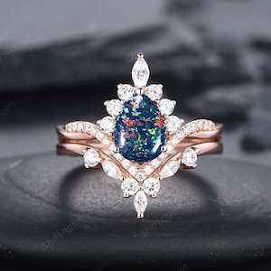 Pear Shape Black Fire Opal Engagement Ring Set, Unique 14K Rose Gold Black Opal Wedding Ring Bridal Set, V Shape Promise Ring Gift for Women