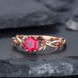 Vintage Hexagon Ruby and Garnet Engagement Ring, Unique Nature Inspired Leaf Ruby Bridal Ring, Garnet Promise Ring Rose Gold Wedding Ring